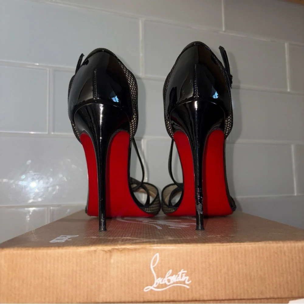Christian Louboutin Black Patent & Mesh Slingback Heels with Red Soles